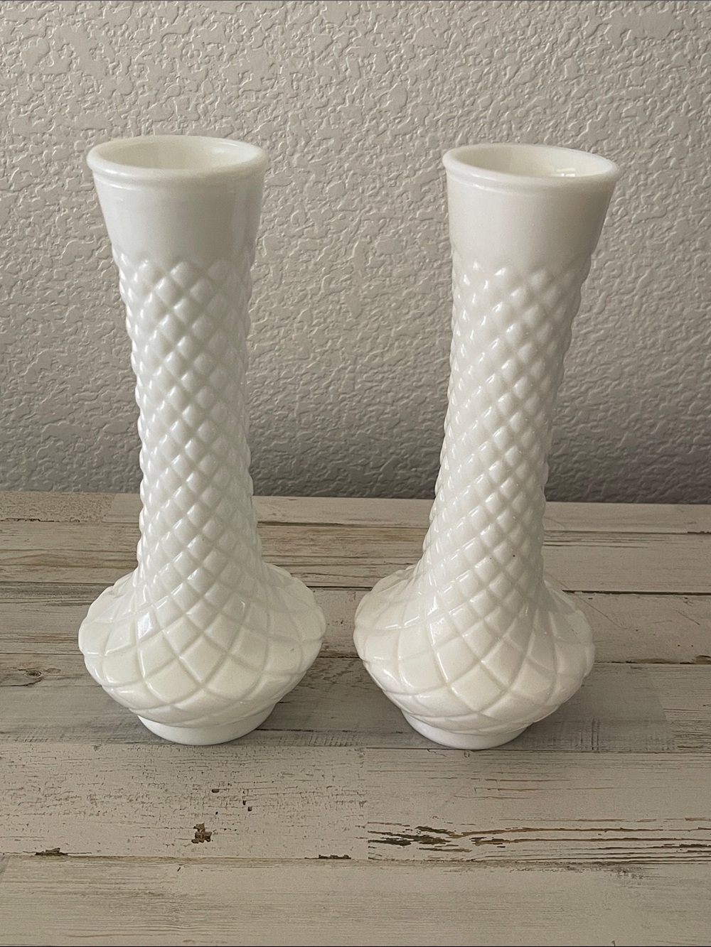 Vintage White Milk Glass Diamond Quilt Bud Vase Pair